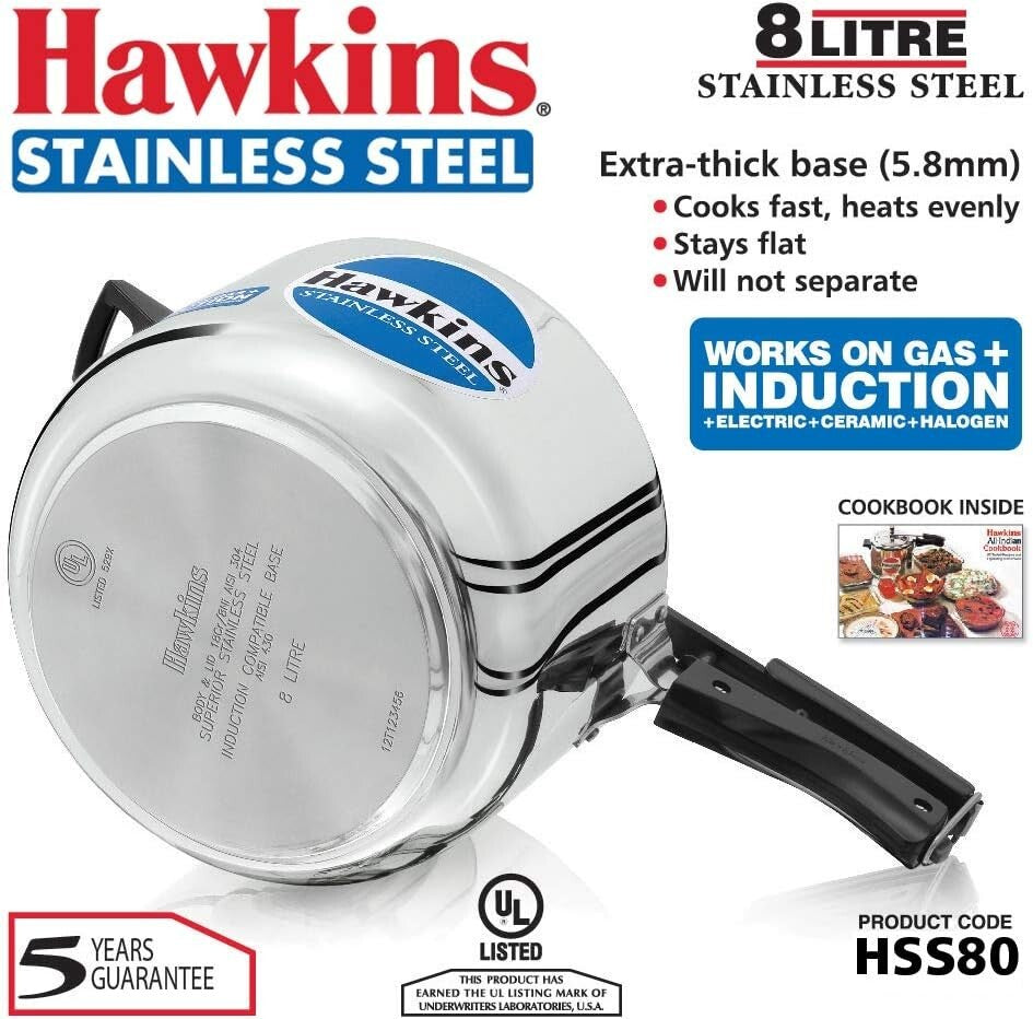 Hawkins Stainless Steel Induction Compatible Pressure Cooker, 8 Litre Capacity,